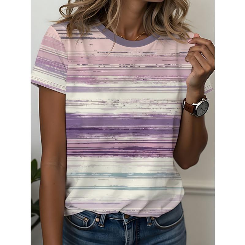 

Women s retro contrast striped textured printed short-sleeved T-shirt XL