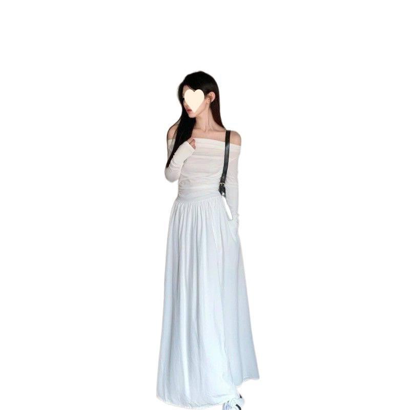 Temperament one-word collar long-sleeved dress for women's autumn new off-the-shoulder waist and thin A-word long dress