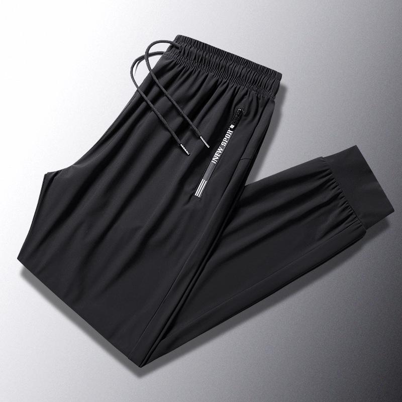 Men's High-End Elastic Ice Silk Sports Pants - Summer Breathable, Quick-Drying, Loose Straight Leg, Plus Size, Long Running Pants