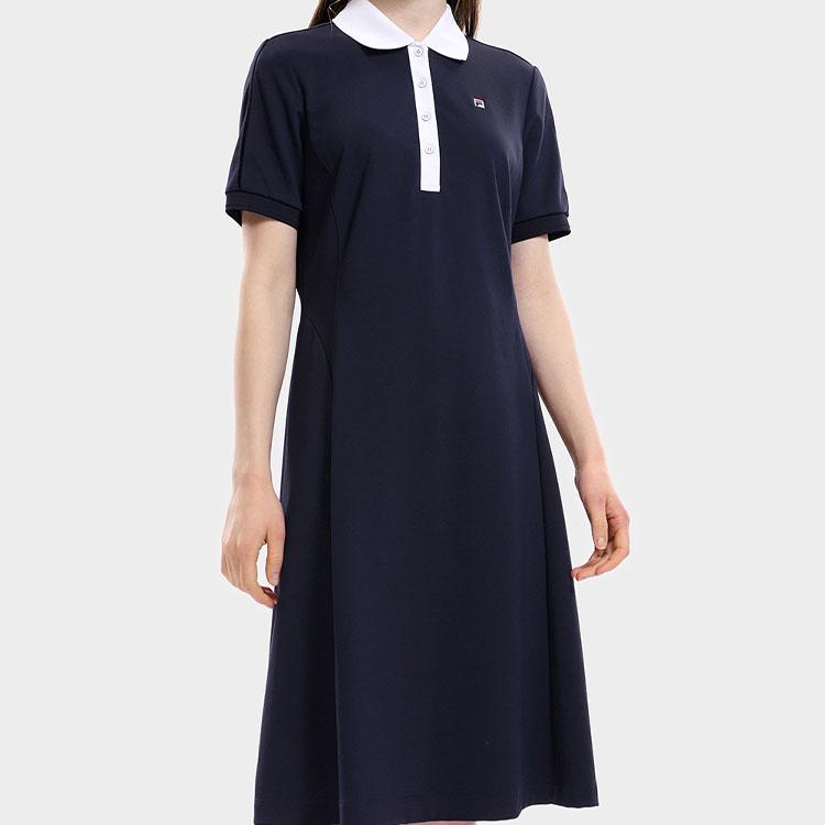 Fila Logo Casual Commuter Long Knit Polo Short Sleeve Dress Women Dresses Legendary-Blue F11W331310F-NV