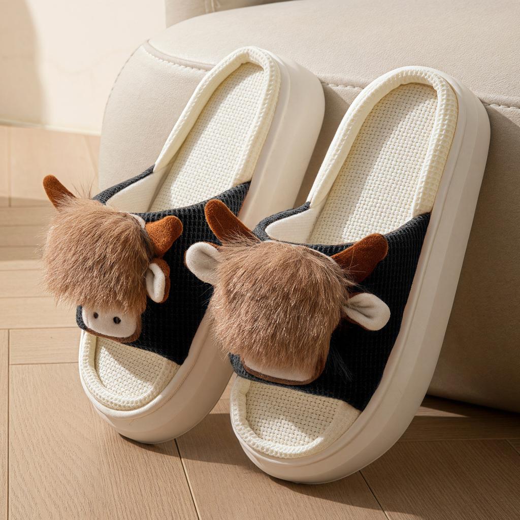 Fashion Cute Cartoon Cow Women Slippers Comfortable Platform Spring Couple Home Slippers Ladies Fashion Linen Indoor Slipper Wholesale