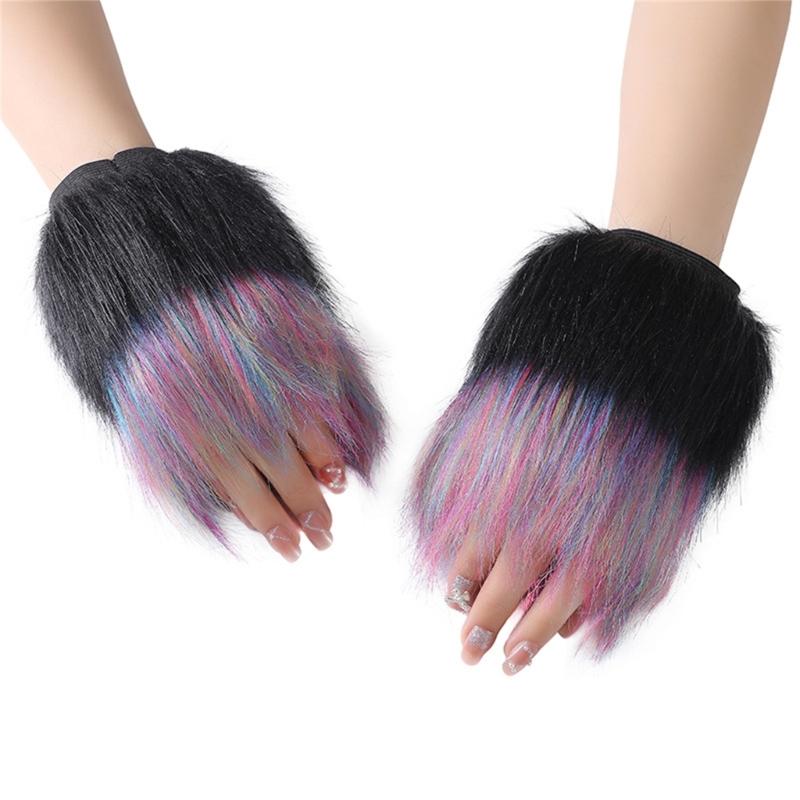 Fingerless Rainbow Fleece Gloves For Winter Soft Plush Warmth Unisex Design Colorful Bear Cosplay