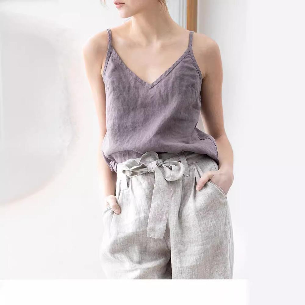 2026 summer European and American women's loose temperament simple v-neck sleeveless linen cotton solid color halter top
