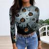 Womens Halloween Print Crew Neck Slim Fit Long Sleeve Base Layer Top Stretchy Casual Pullover Shirt with Patterned Design for Fall Season