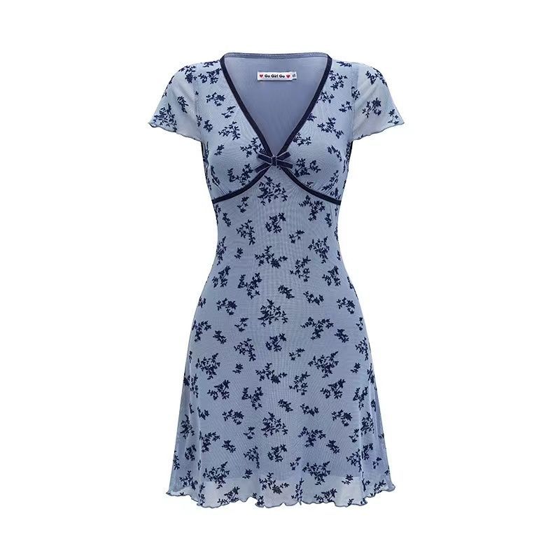 Purple sexy v floral dress women's summer pure desire to close the waist, slim and thin a-word skirt temperament short skirt