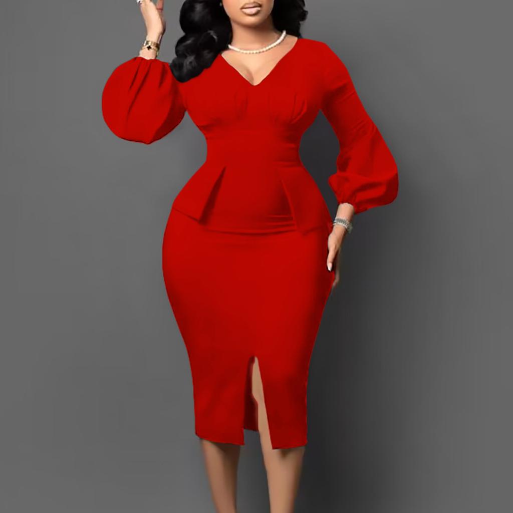 JKASHDK Women's Fashion Autumn Winter Solid Color Print Long Sleeve V-Neck High Waist Casual Cocktail & Evening Dresses