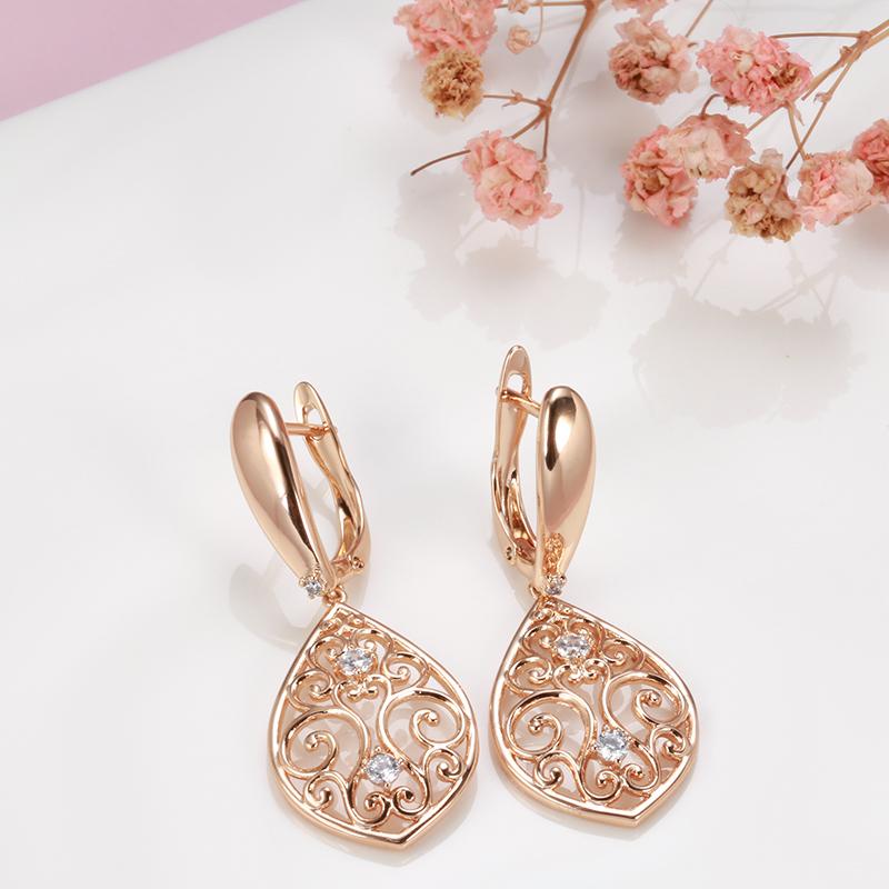 New Rose Gold Natural Zircon Drop Earrings For Women Hollow Flower Ethnic Bride Vintage Jewelry Crystal Gift