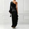 Damen Farbiger Satin Off-Shoulder Raffung Unregelmäßiger Saum Kleid für Cocktailparty