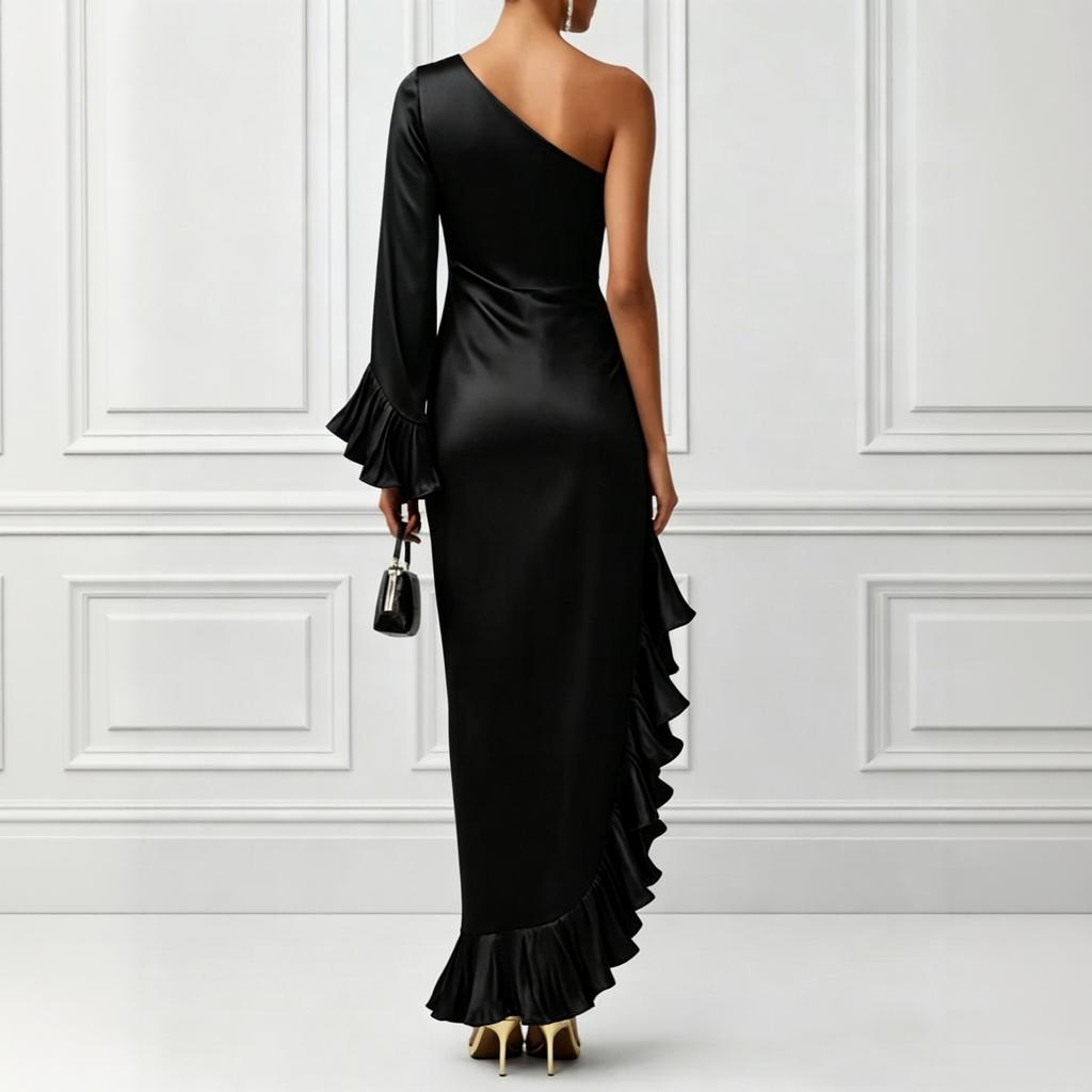 Damen Farbiger Satin Off-Shoulder Raffung Unregelmäßiger Saum Kleid für Cocktailparty