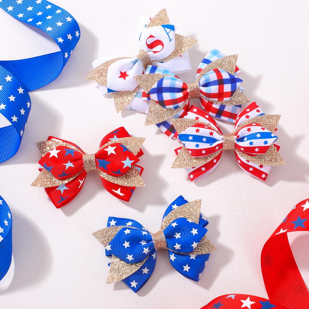 2 Stück Unabhängigkeitstag Kinder Schleifen Haarspangen Set für Frauen Mädchen Druck Stern Glitzer Schleife Haarnadel Kopfschmuck Haarschmuck