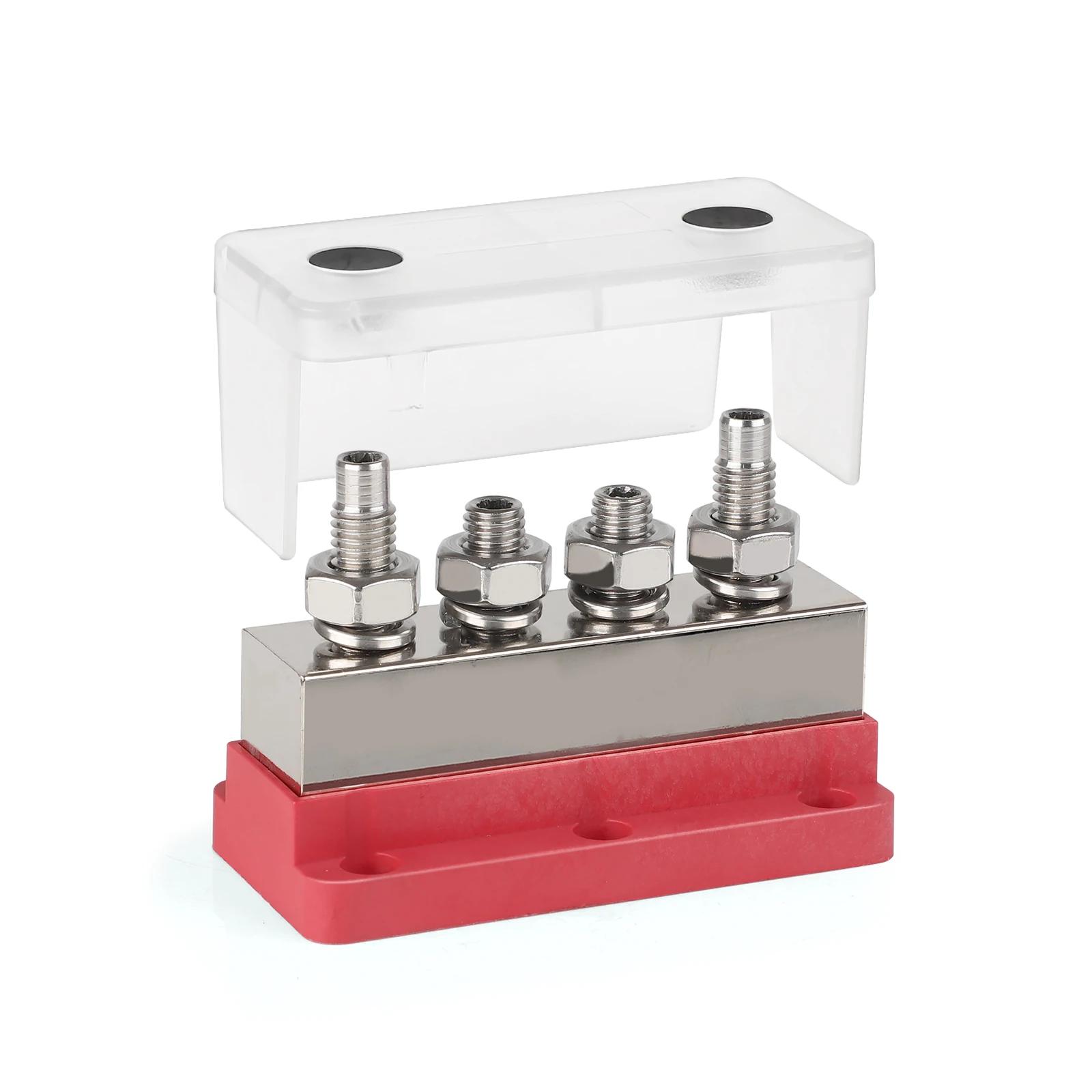 4*M10 Studs (3/8 ) Marine Battery Bus Bar Heavy Duty 12-48V 600A Waterproof Terminal Block Black & Red for Truck Marine Solar