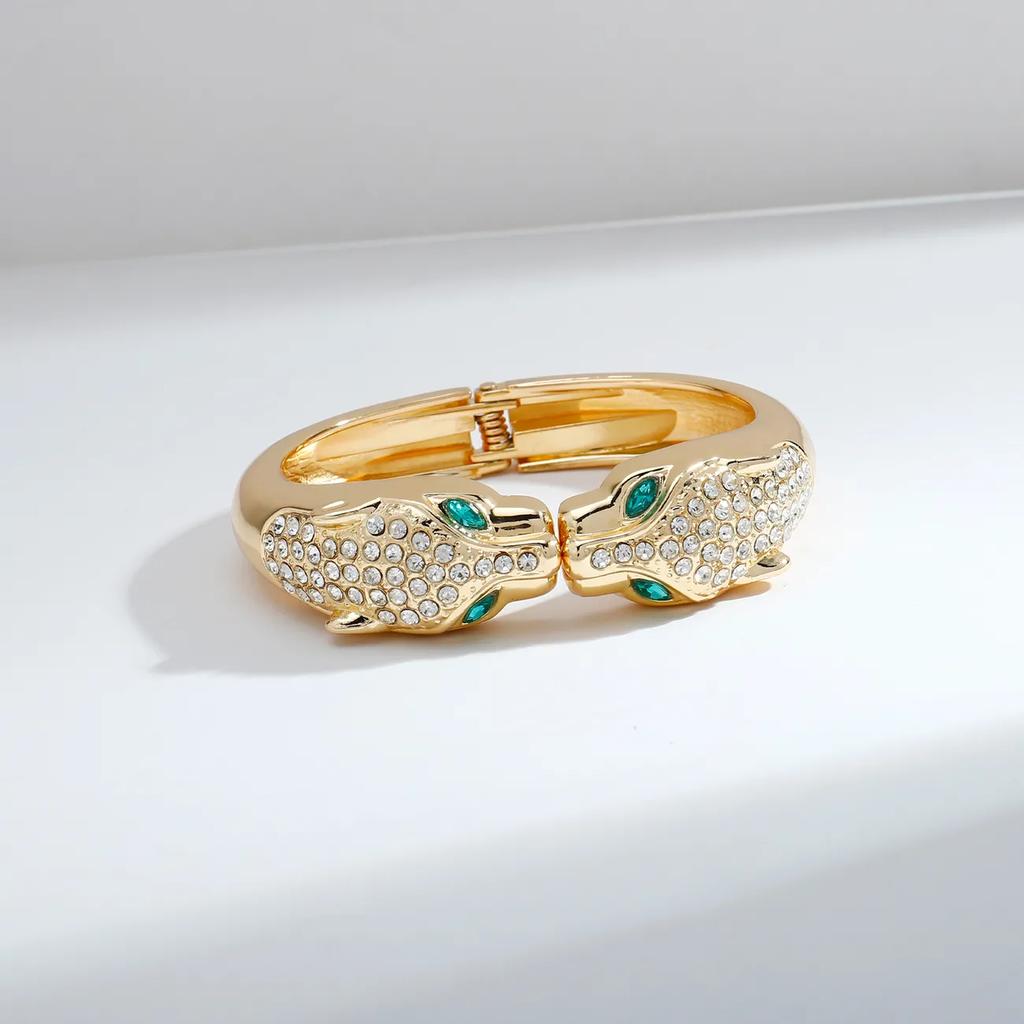 Hochwertiges leicht luxuriöses Damenarmband Doppelköpfiges Leoparden-Offenarmband