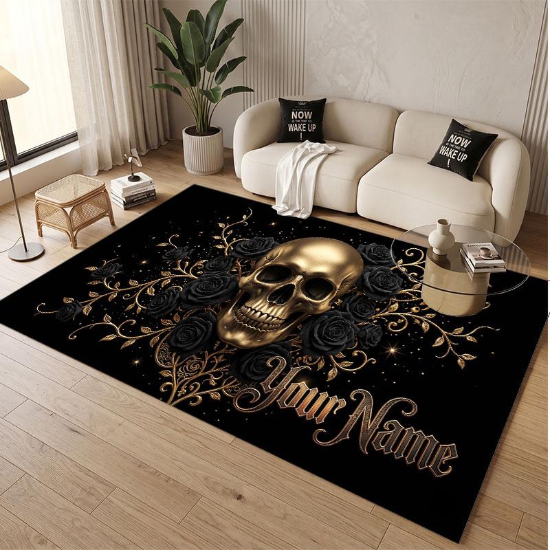 Tappeto Morbido in Velluto di Cristallo Tema Gotico Teschio Stampa Personalizzata Nome e Testo Tappeto Antiscivolo per Camera da Letto Soggiorno