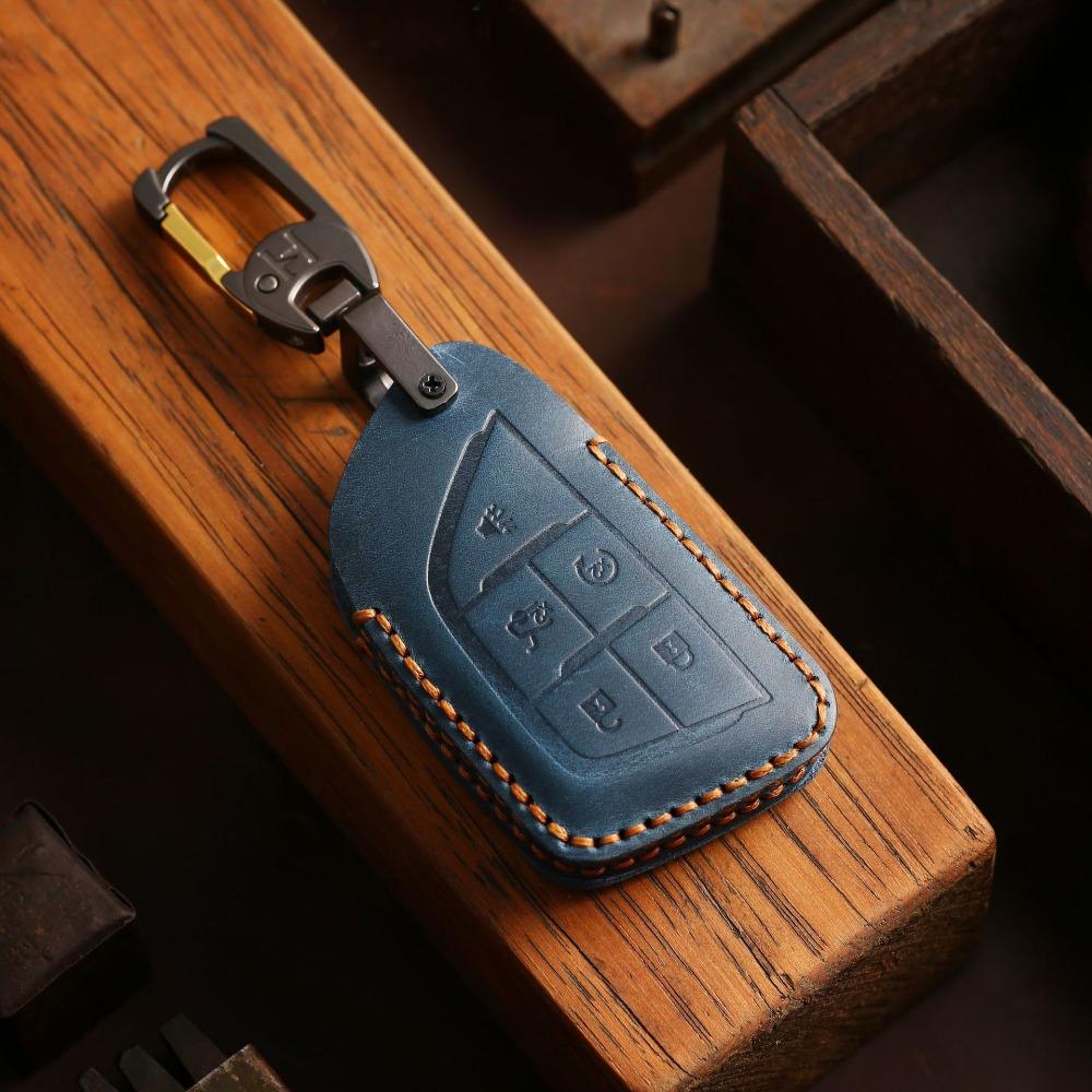 Handmade Genuine Leather Key Case Cover for New Cadillac CT5 CT4 Retro Car Key Fob Holder Protector