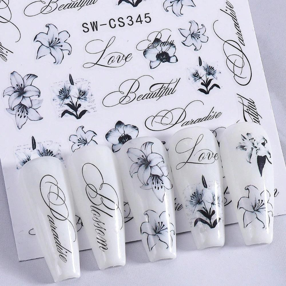 2Pcs Lily Letter Nail Stickers, Black and White Ink Painting Floral & Letter Self-Adhesive Nail Decals