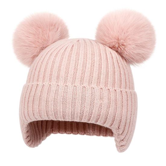 

Kids Knitted Hat Dual Fur Ball Decor Ear Protection Warm Hat Solid Color Elastic Warm Windproof Hat Headwear