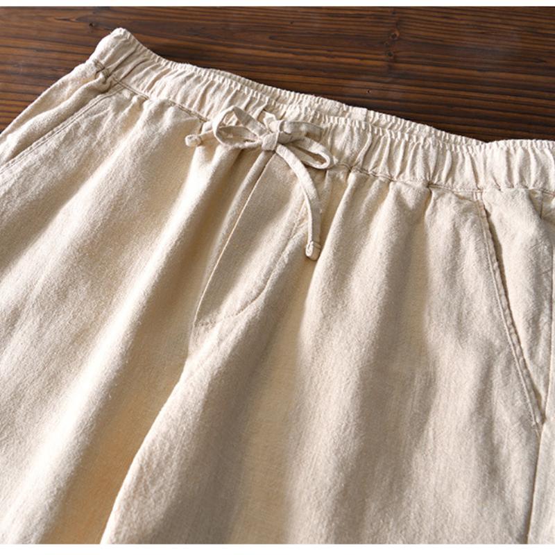 Summer Simple Style Men's Pants Beach Breathable Ramie Cotton Men Trousers Daily Casual Baggy Long Pants Solid Color Drawstring Elastic Waist