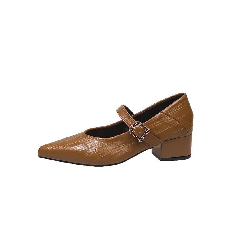 2026 New Simple French Temperament Pointed Toe Shallow Mouth Single Shoes Women's One-word Buckle Strap Low-heeled Shoes