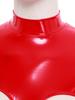 Womens Glossy Patent Leather Bodysuit Mock Neck Sleeveless Hollow Cup Open Crotch Leotard Garter Clips