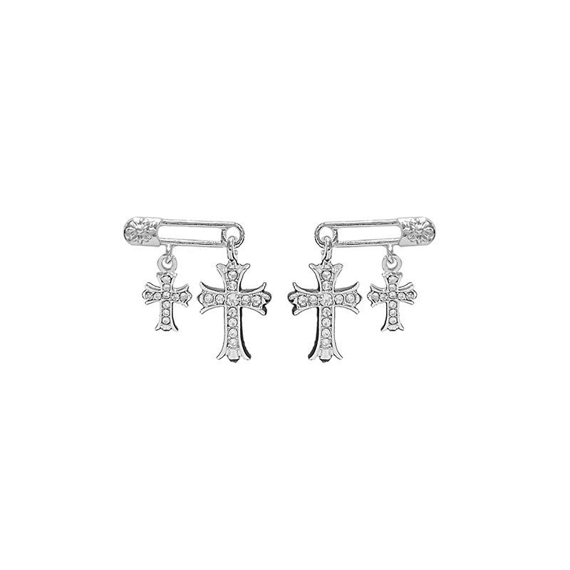Silver Needle Korean Retro Cross Brooch Earrings: Light Luxury Fashion Ear Jewelry for Women