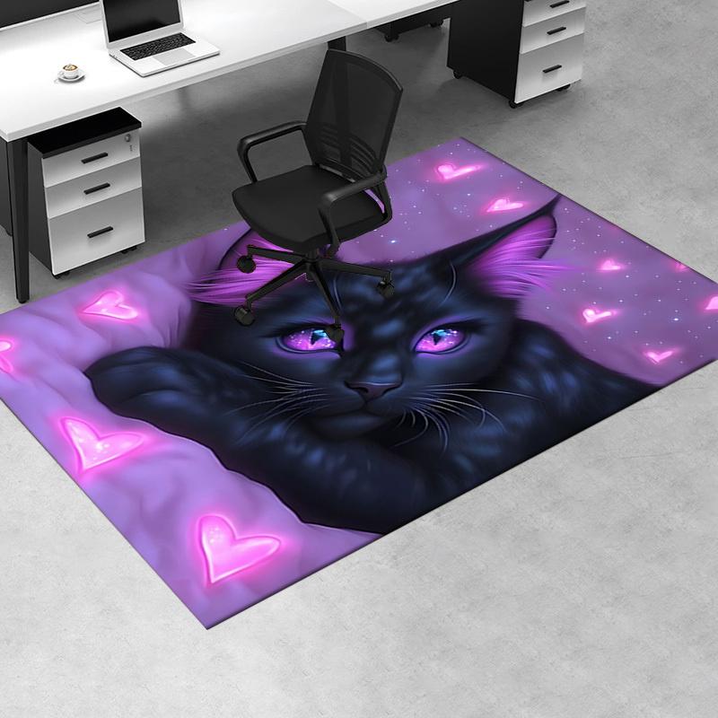 Charming Black Cat Chair Mat Office Carpet with Pink Hearts, Large Rug for Home Decor, Sofa Mat, Gift Idea for Any Room