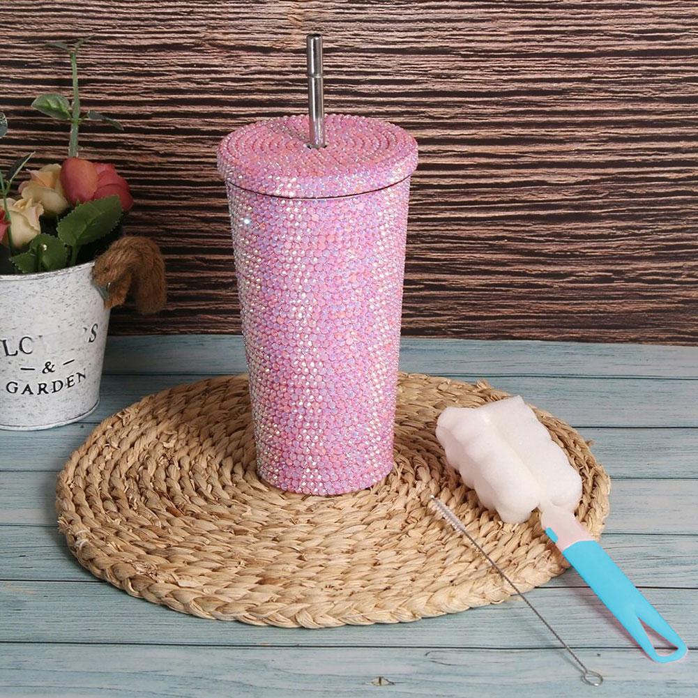 Insulated Straw Tumbler Stainless Steel Rhinestone Cup 24 Hour Hot Cold Water Coffee Drinkware For Office Travel Gym Accessories