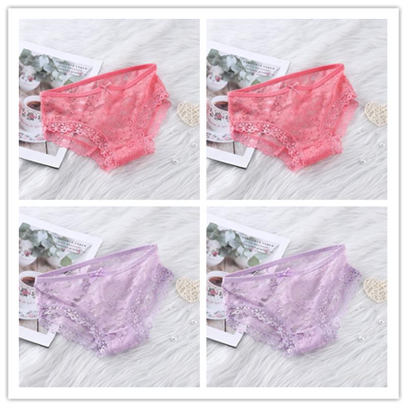 Girls' Sexy Lace Briefs Breathable Underwear with Butterfly Knot Carved Mid Air Waist Knickers Solid Color Women's Triangle Panties