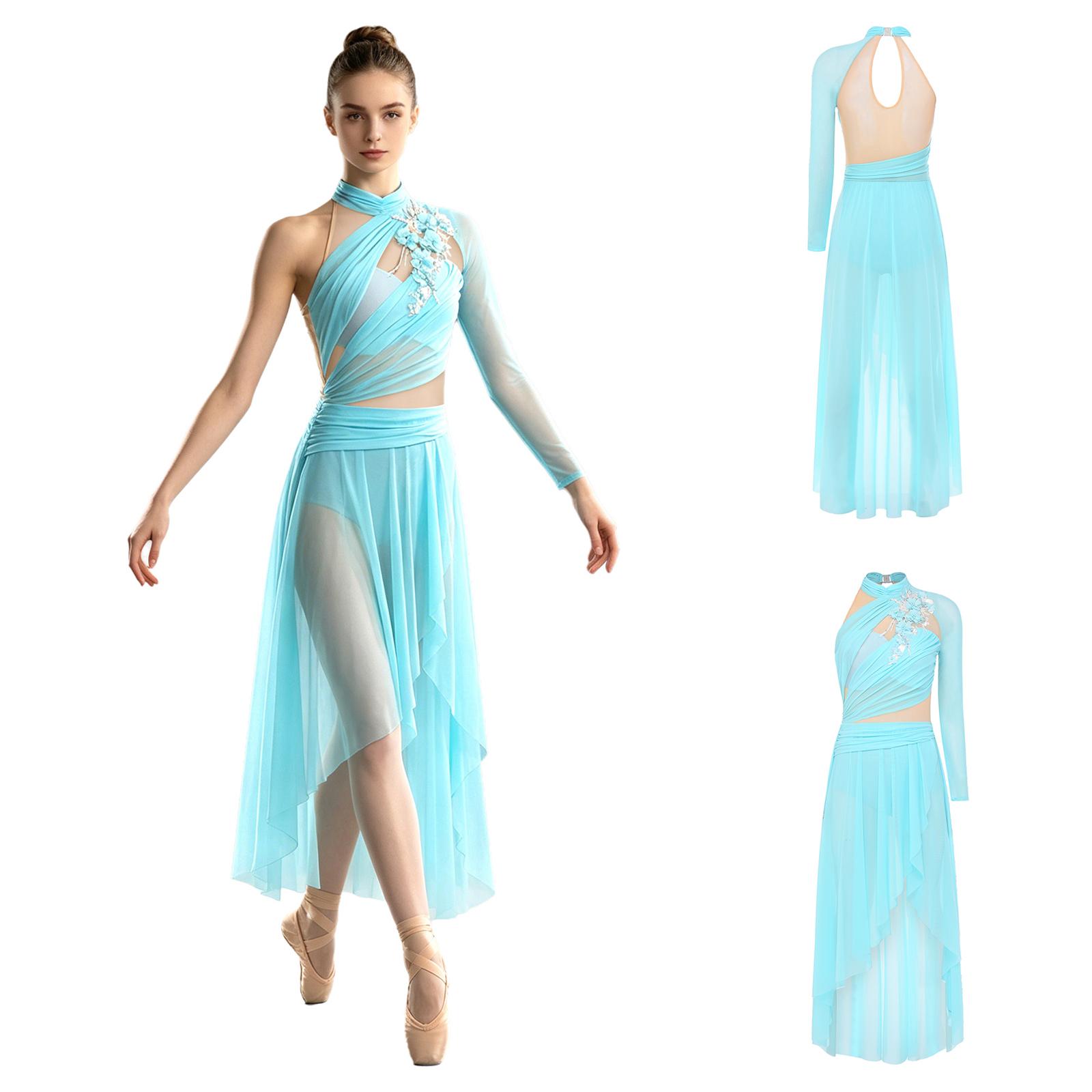 Damen Moderner Tanz Bodysuit Kleid 3D Applikation Detail Schlüsselloch Rücken Asymmetrischer Saum Unregelmäßiger Knopf Schritt für Wettkampf Bühne S hellblaue