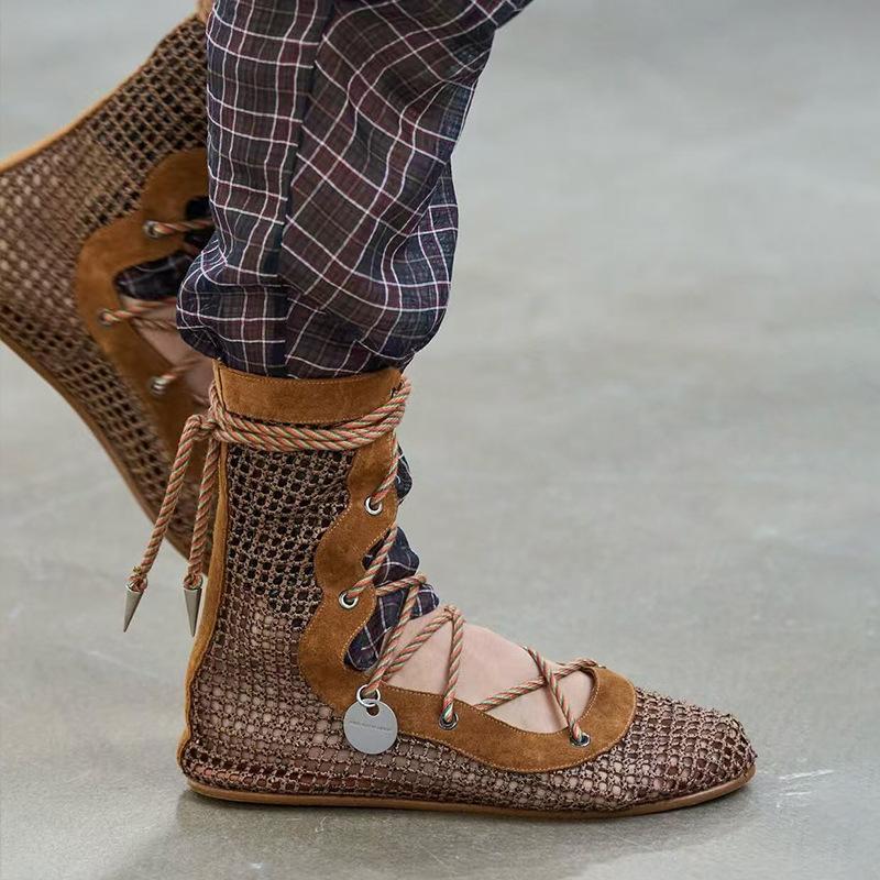 2025 autumn new niche cross-strap mesh breathable shallow mouth single shoes women's leather lace-up Mary Jane shoes women's