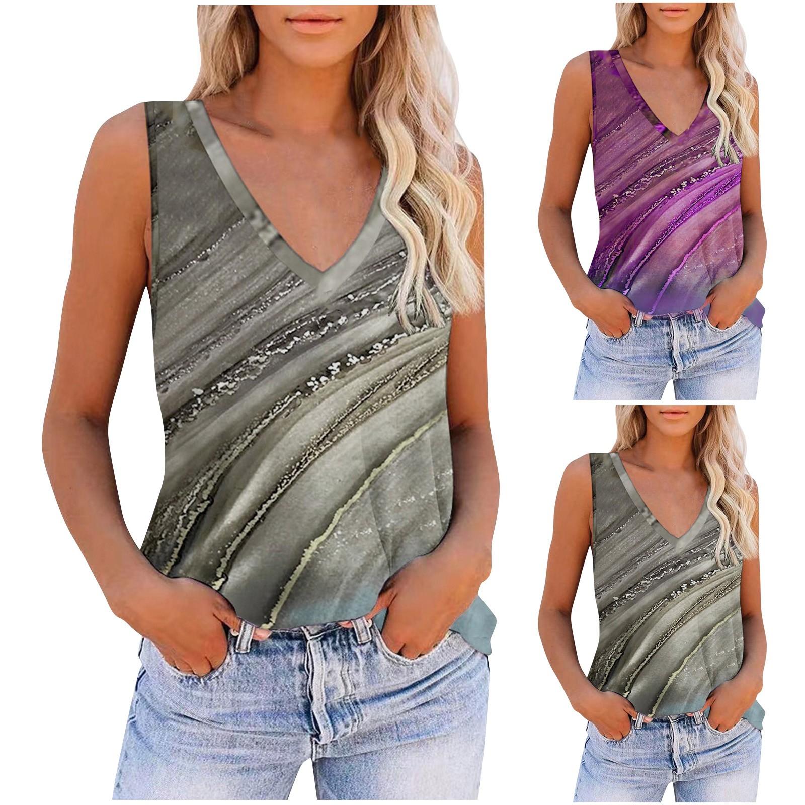 

Women s Summer Casual Striped Print V-neck Sleeveless Basic Tank Top