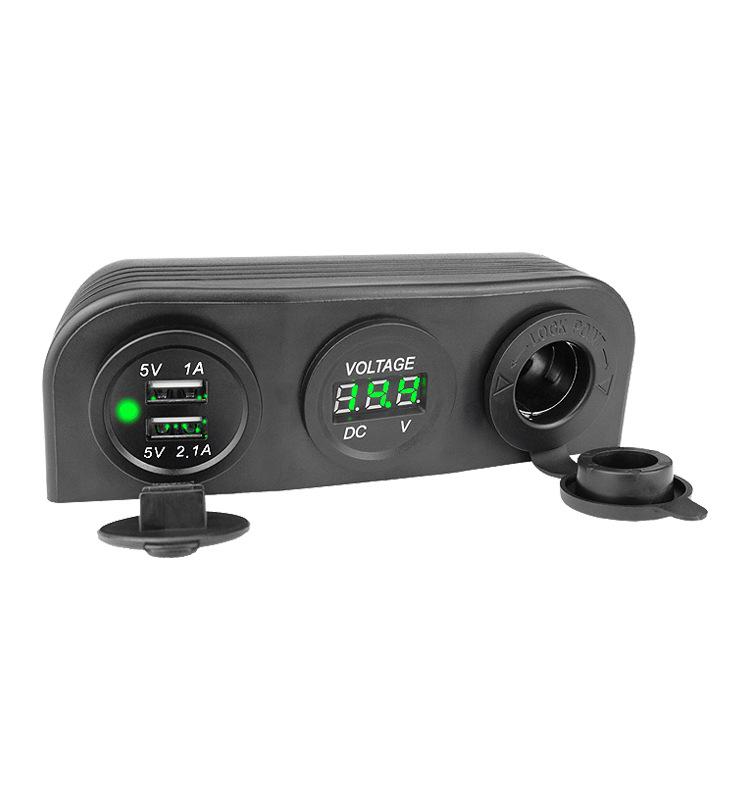 3.1A Dual USB Car Charger 12V/24V Cigarette Lighter Socket Outlet Voltmeter with 3 Holes Tent Base for Car Motorcycle Boat ATV