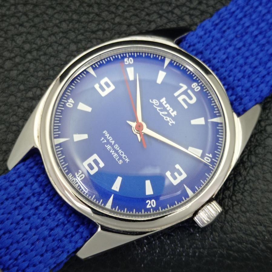 USED HMT PILOT AUTHENTIC INDIAN MENS MANUAL WINDING BLUE DIAL WATCH A430100-2 R101-a430100