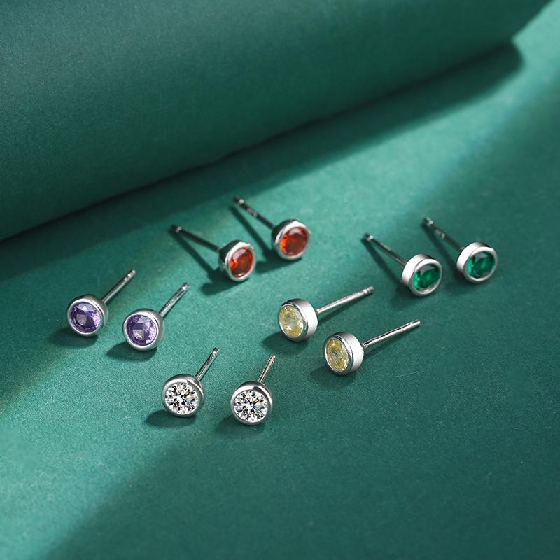 Classic Colored Round Full Diamond Stud Earring For WomenTopaz Ruby Amethyst Emerald Original Sterling Silver Gift Part Jewelry