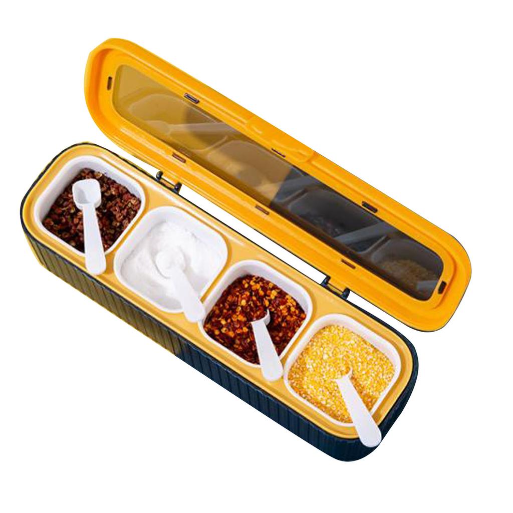 Gewürzaufbewahrungsbox Versiegelt 4 Fächer Gewürzbehälter Set Haushaltsaufbewahrungsbehälter Gewürzgläser mit Löffel