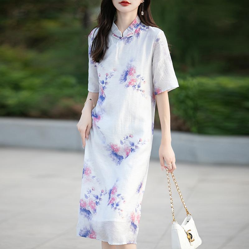 New Chinese Style Simple and Elegant Dress for Women, Improved Buckle Design, Cheongsam Skirt, Versatile and Fresh Stand-alone Collar Dress