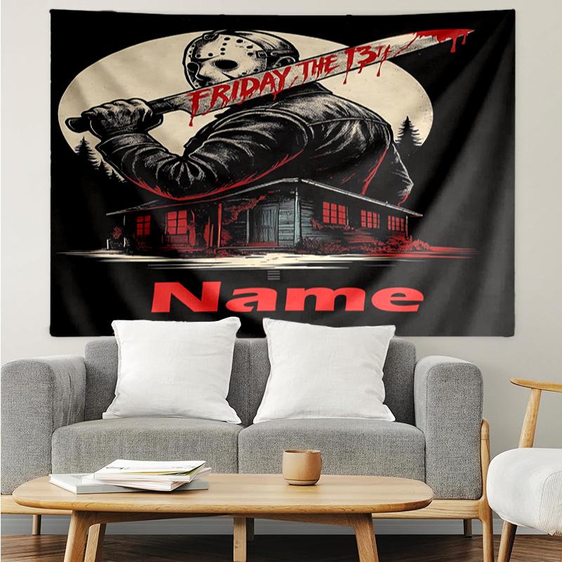 Custom Name Friday the 13th Print Tapestry, Backdrop, Easy Setup, Ideal for Bedroom, Office & Living Room, with Aesthetic Wall Hanging Decor.