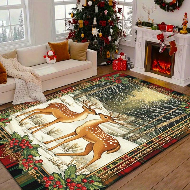 Winter Deer Christmas Rug for Festive Season Snowy Landscape Carpets Holiday Home Decor Anti slip carpet can be machine washed