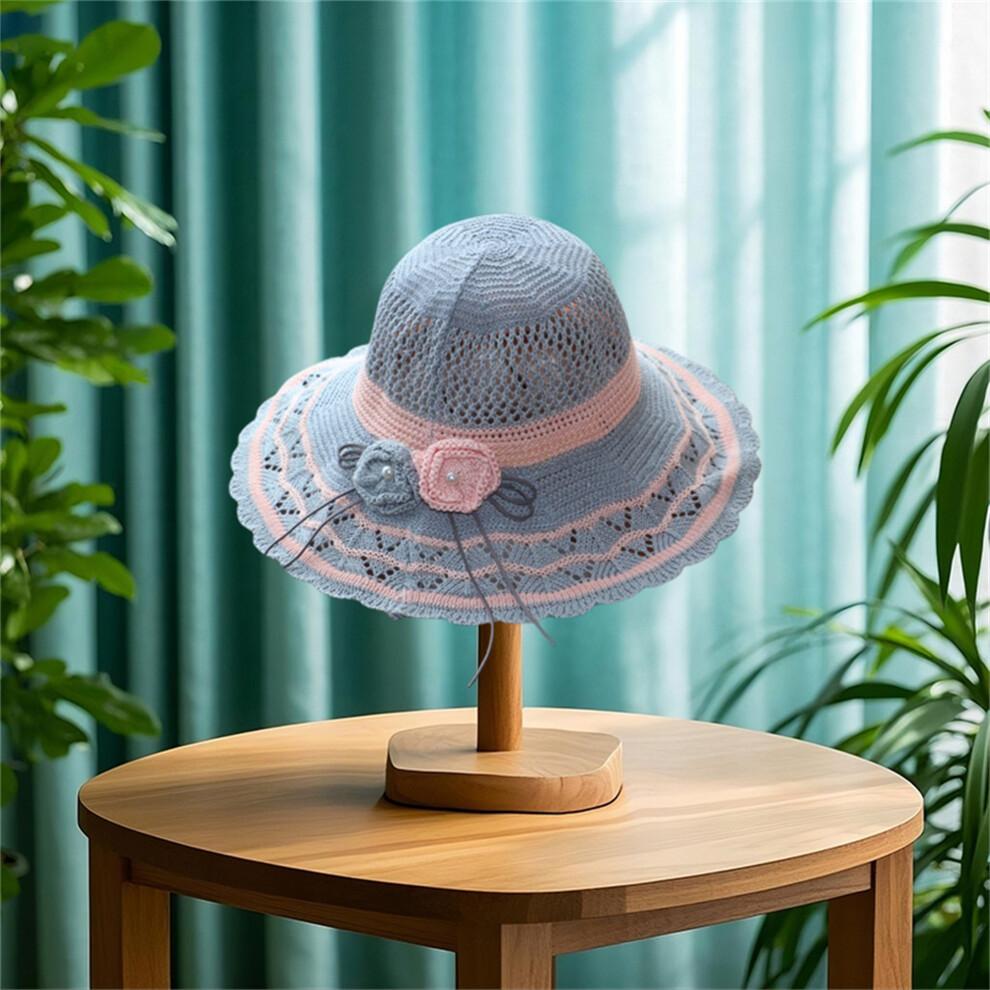 (One Size, Gray) Women Summer Knit Sun Hat Breathable Crochet Flower Wide Brim Sun Protection Fisherman Cap