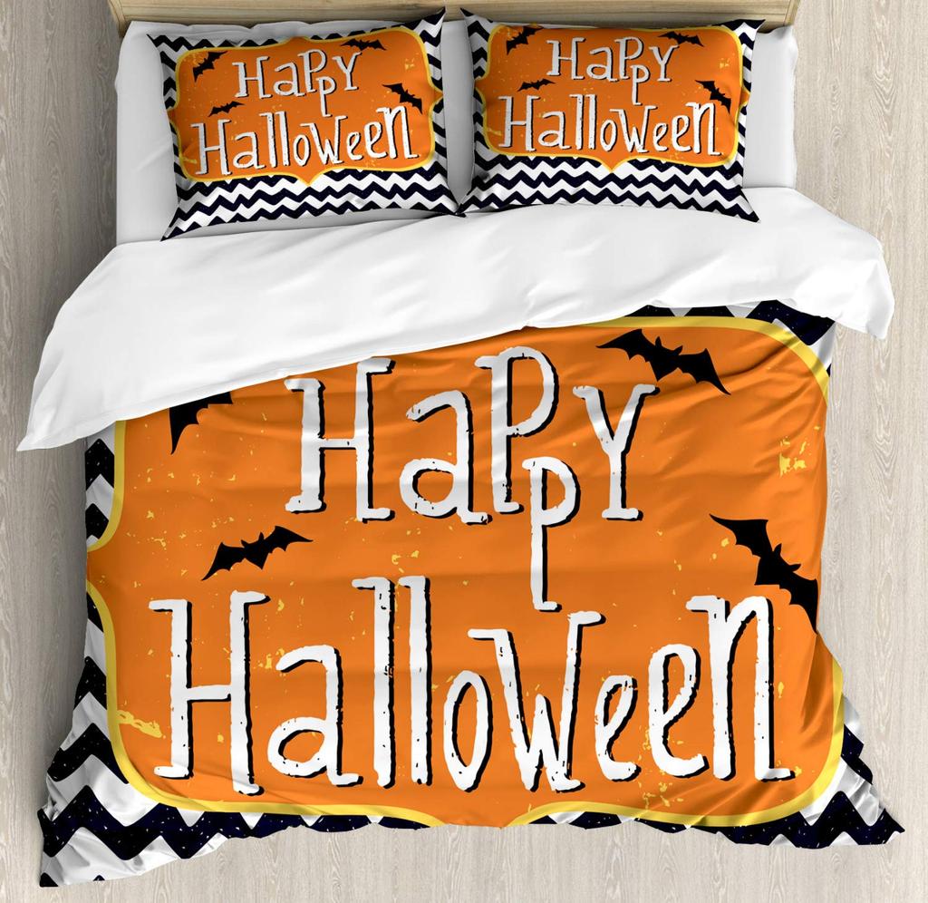 Halloween Duvet Cover Set, Spooky Carved Halloween Pumpkin Lantern Bat Bedding Set Single Twin Full Queen King Comforter Cover