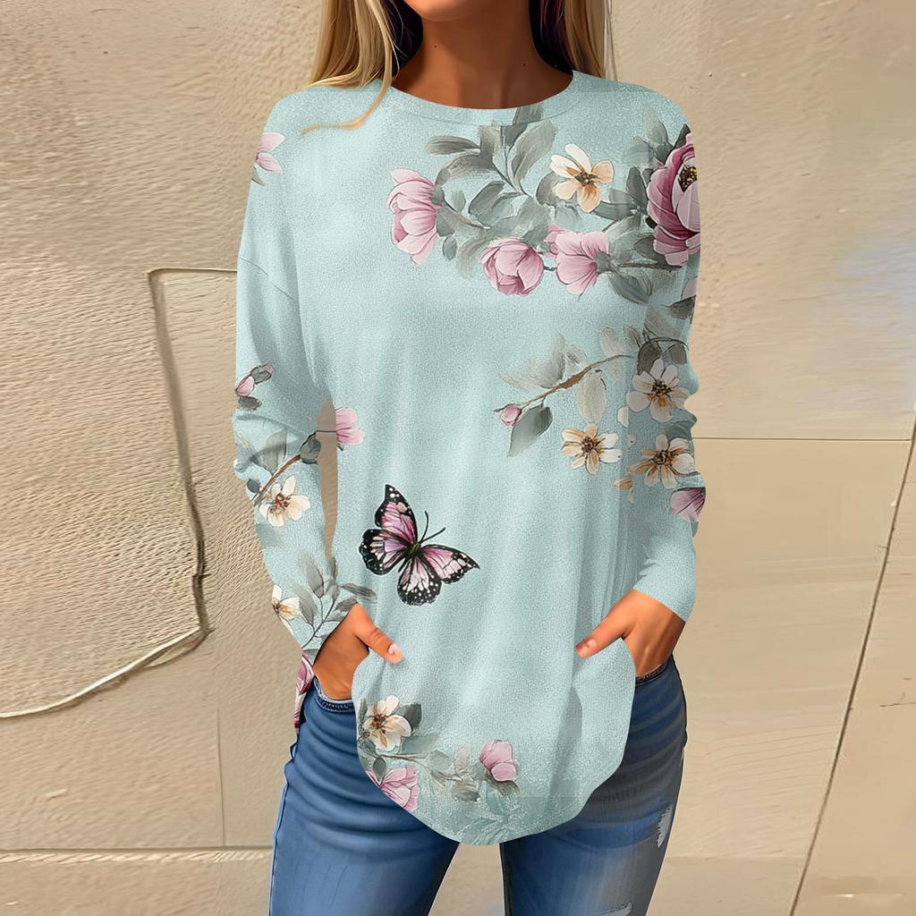 Women's Fashion Pullover Round Neck Long Sleeve Printed Top