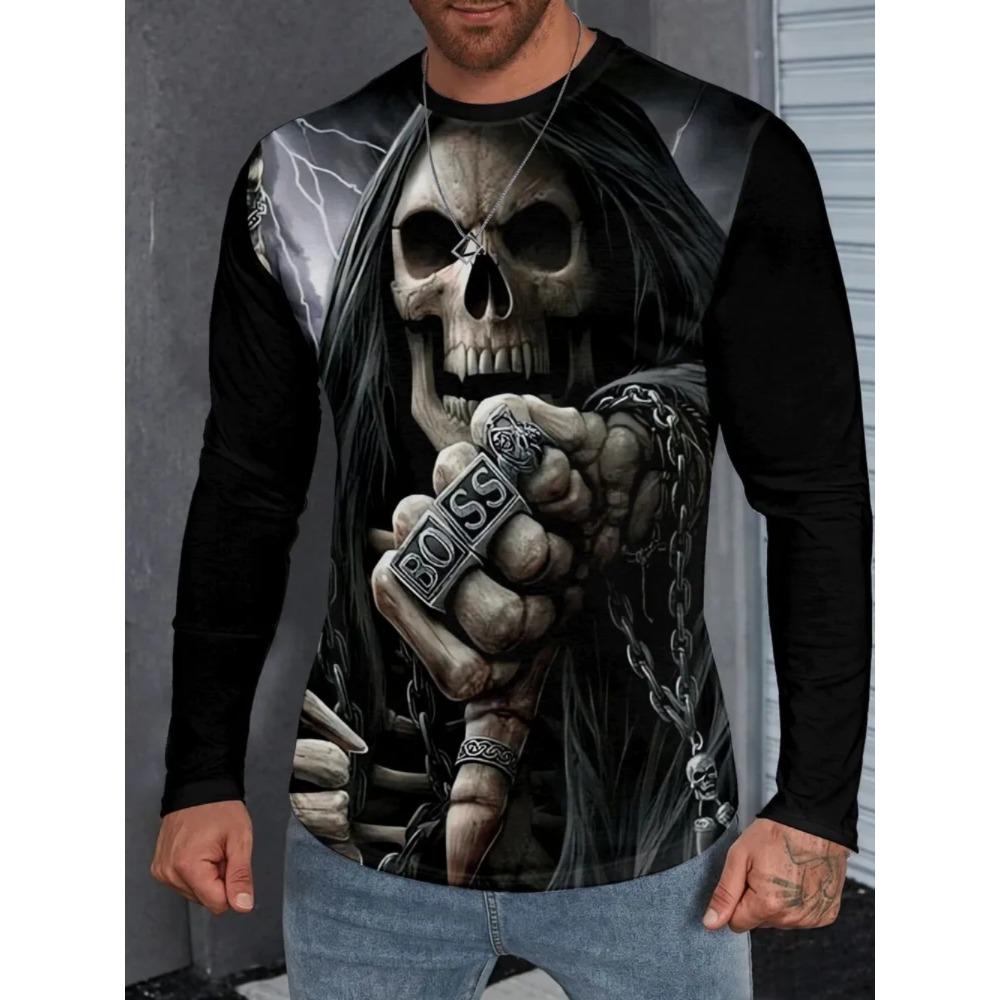 Autumn Round Neck Fashionable Versatile Leisure 3D Long Sleeved T-shirt Fun Skull Animal Printed T-shirt Men Loose Large T-shirt