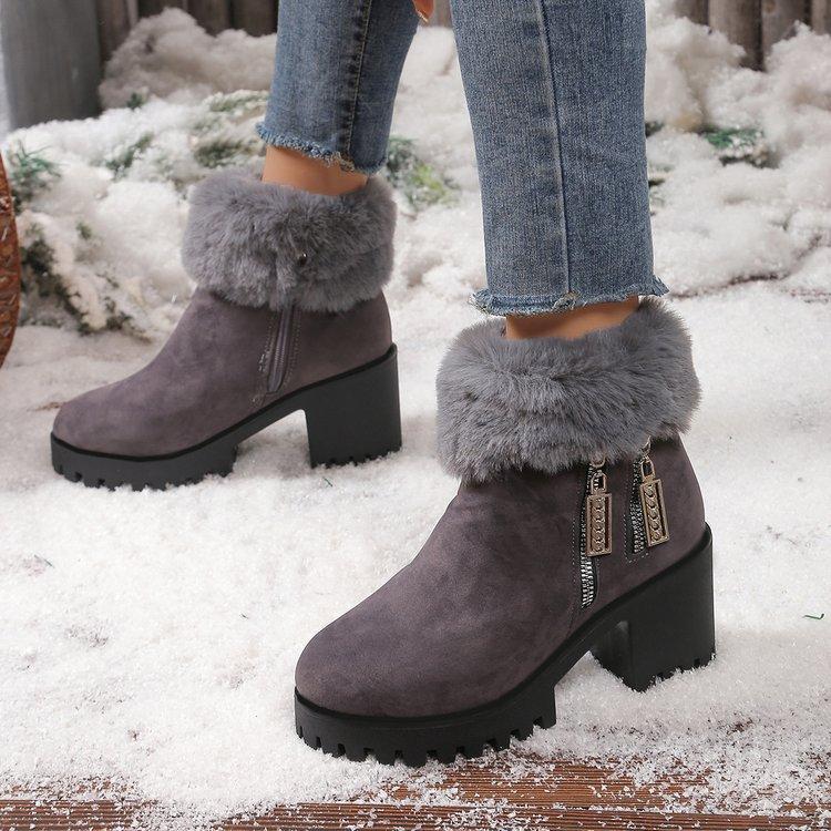 Square Heel Women Winter Shoes Classic Buckle Warm Fur Snow Ladies Boots High Heels Black Platform Ankle Boots