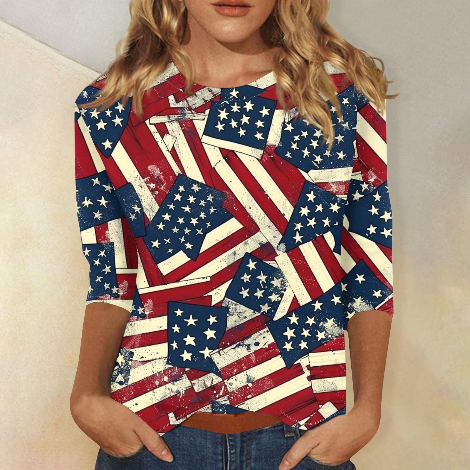 

Women s Fashion Casual Three-quarter Sleeve Independence Day Printed Round Neck Top XL винный