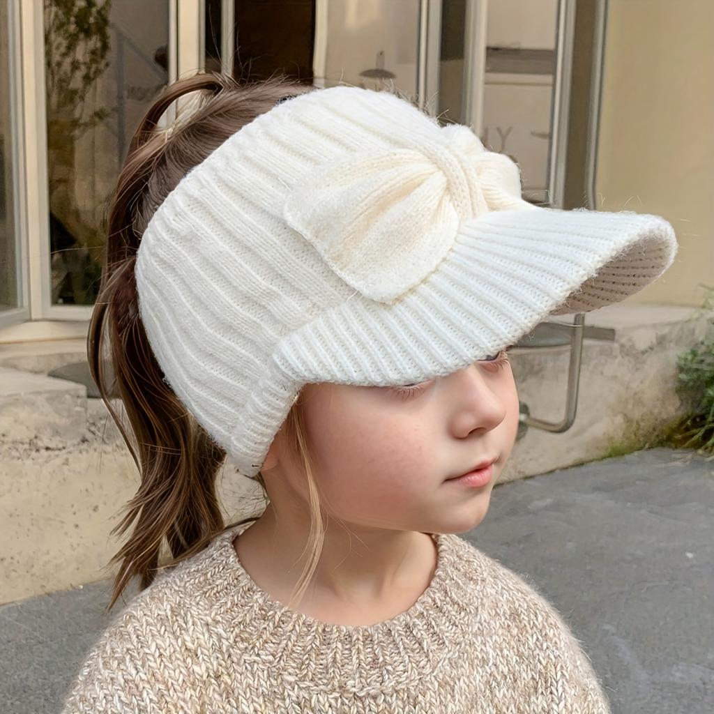 Teen Girls' Knitted Ponytail Beanie Hat Soft Warm Winter Cap with Ponytail Clip-Compatible Bow-Like Knot Lightweight Slouchy Visor Hats