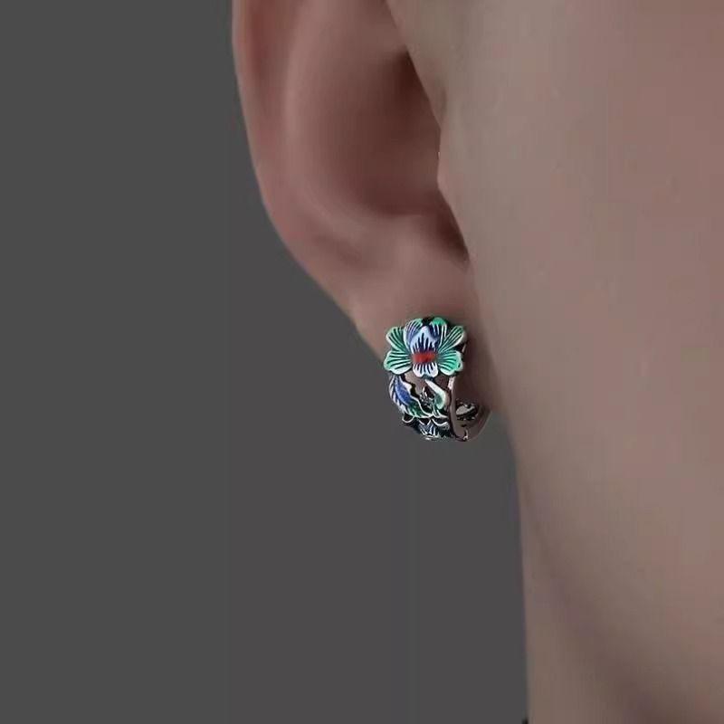 Retro Peony Earrings Men's Original Personality National Style Guochao Enamel Color Classical Men's Earrings