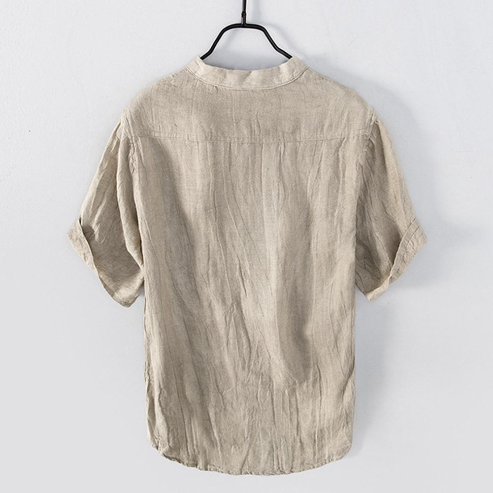 Camicia Casual Estiva da Uomo a Maniche Corte, Girocollo, Monocolore, in Cotone e Lino