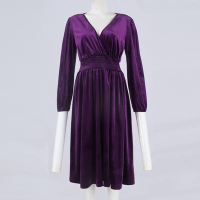 Women's Solid Color Long Sleeve Dress V Neck Pleated High Waist Maxi Dress