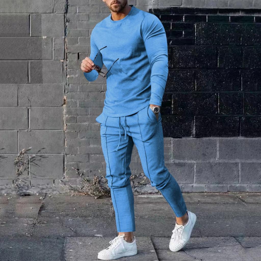 Men's Solid Color Loose Round-neck Long-sleeved Shirt And Long Pants Two-piece Casual Sportswear Set