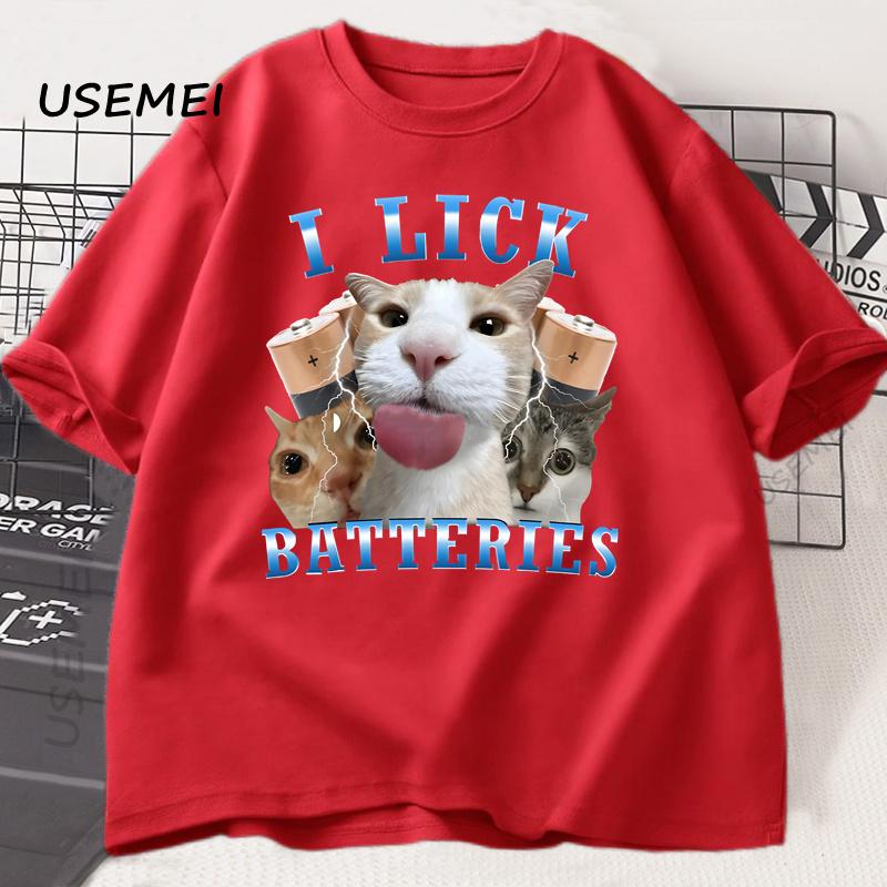 

I Lick Batteries Funny Cat Graphic T Shirts Cotton Short Sleeve O Neck T-shirt Casual Fashion Man Tshirt Short Sleeve Summer M