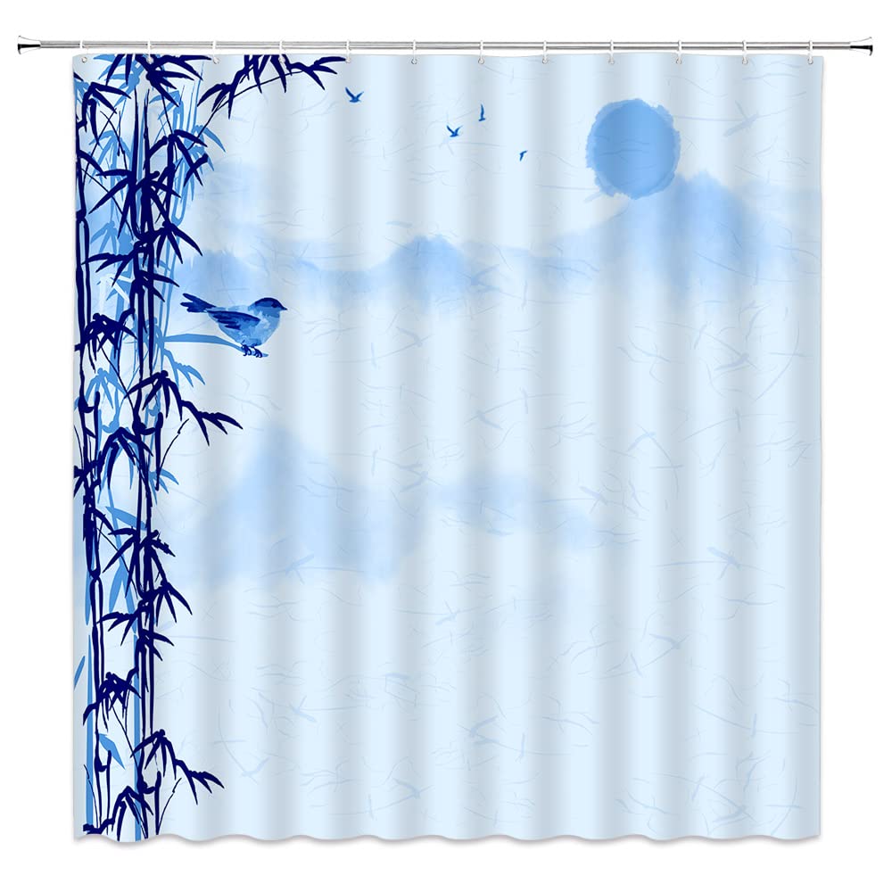 Landscape Shower Curtain Spring Season Pink Flower and Pavilion Scenery on Lake Chinese Style Bathroom Decor Hanging Curtain with Hooks